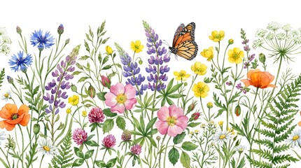 Watercolor Meadow Flowers and Butterfly Border Illustration