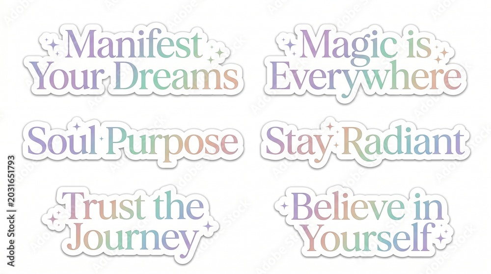 Obraz premium Set of Motivational Manifestation Stickers with Holographic Gradient Quotes, Positive Affirmations for Mindfulness and Self-Care, Magical Pastel Typography on White Background.