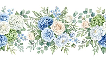 Elegant Watercolor Floral Border Seamless Pattern with Blue and White Flowers