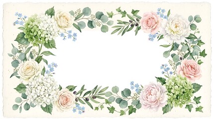 Elegant floral frame with roses, hydrangeas, and eucalyptus leaves on textured paper
