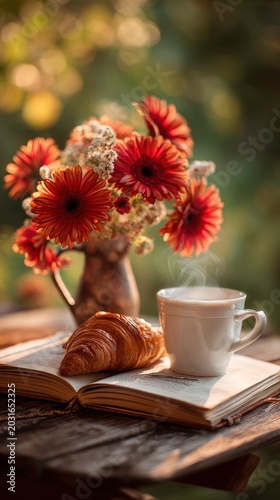 Steaming cup of coffee and a fresh croissant on an open book, vase of red gerbera daisies on a wooden table in a sunny garden.