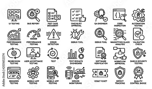 Fotografie Quality Assurance Line Icons Set Software Testing Bug Report Editable Stroke Vec