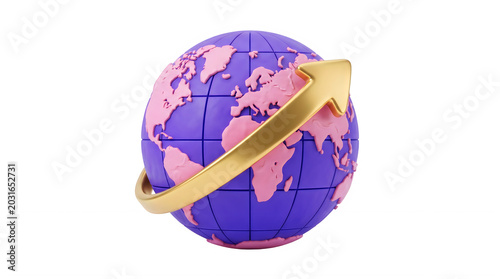 3D Render of Purple and Pink Earth Globe with Golden Upward Arrow