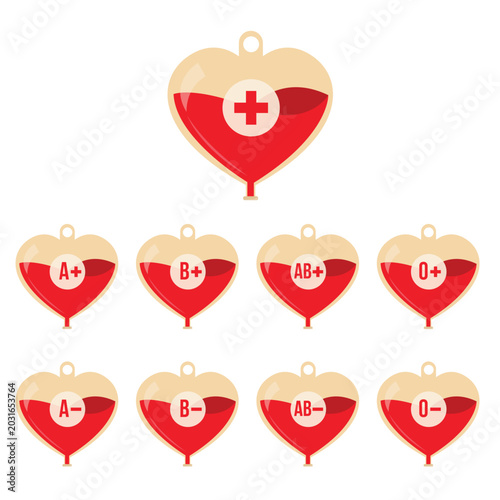 Blood group donation bag icon set with all blood types illustration