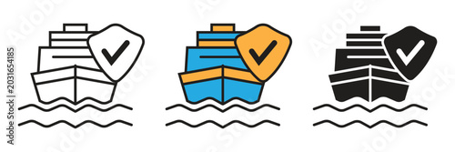 Cargo Ship or Cruise with Checkmark Shield. Cargo ship vector icon with checkmark shield representing marine safety approval, verification, or insurance.
