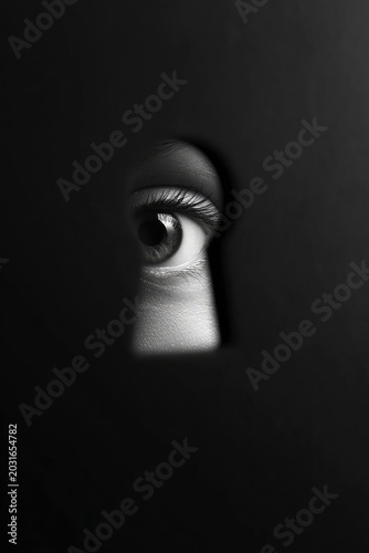 Human eye looking through a dark keyhole, curiosity and surveillance concept, close-up of eye peeking into a secret room.