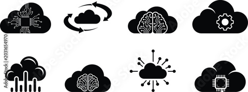 Vector cloud computing icons with ai and circuit board elements