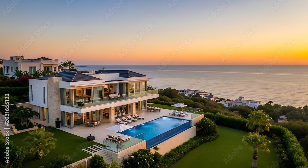 Fototapeta premium Luxury beachfront villa with pool at sunset