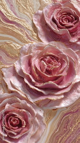 Abstract painting of three-dimensional pink roses with gold leaf accents, swirling marble texture background with metallic gold highlights.