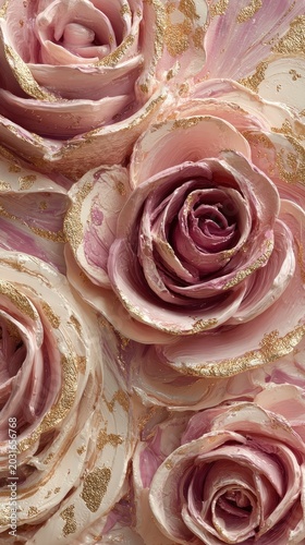 Abstract oil painting of rose flowers with gold leaf accents, textured impasto brushstrokes in soft pink and cream tones.