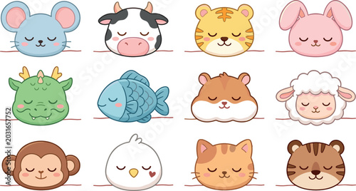 Canvas Print Cute Kawaii Chinese Zodiac Animal Faces Vector Set with Mouse, Tiger, Dragon, Ra