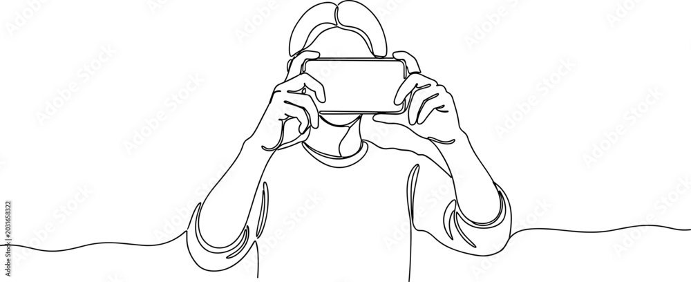 Fototapeta premium One line drawing of person holding smartphone horizontally, capturing a photo or video.
