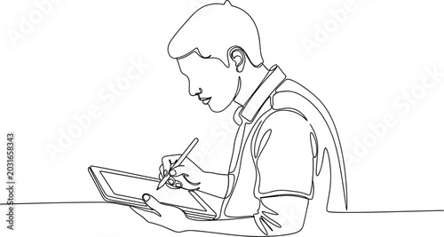 Foto Continuous line drawing of a young man using a stylus on a digital tablet