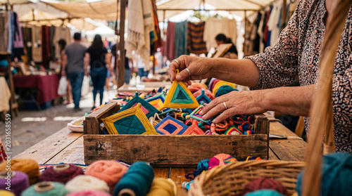 Принти на полотні Close-up of an artisan's hands displaying colorful Ojo de Dios yarn mandalas at a vibrant outdoor market stall