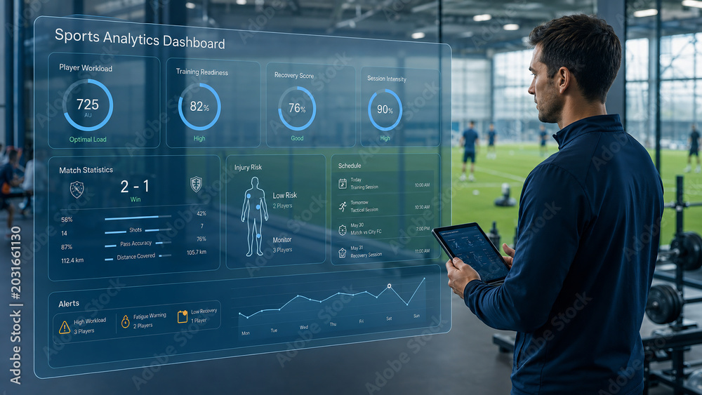 Sports coach using a digital analytics dashboard to monitor athlete performance and training readiness in a modern sports facility