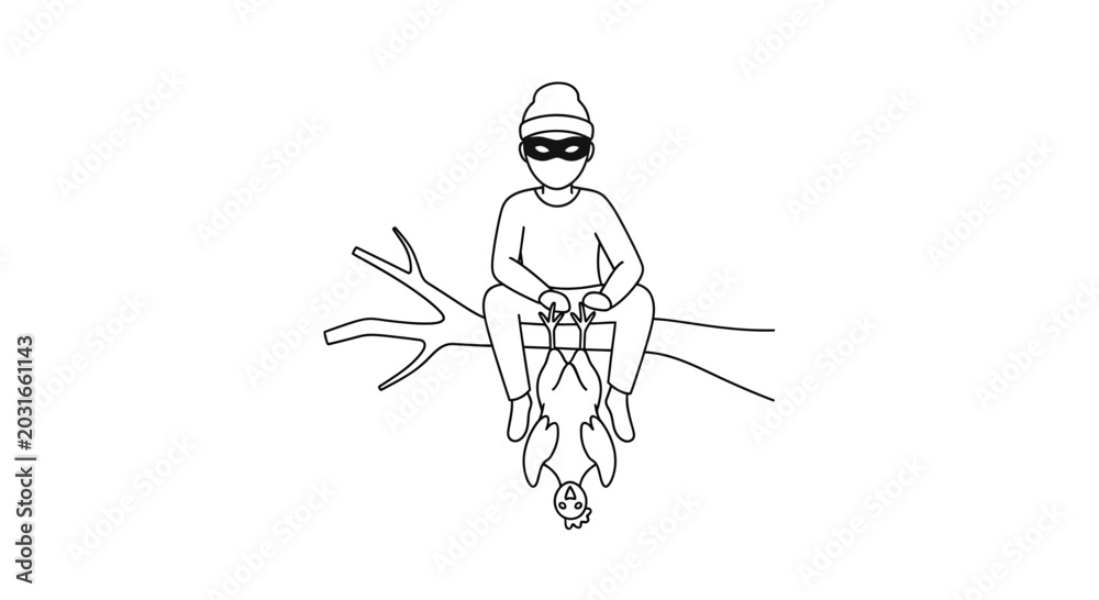 Obraz premium Thief sitting on a tree branch, holding a stolen bird upside down