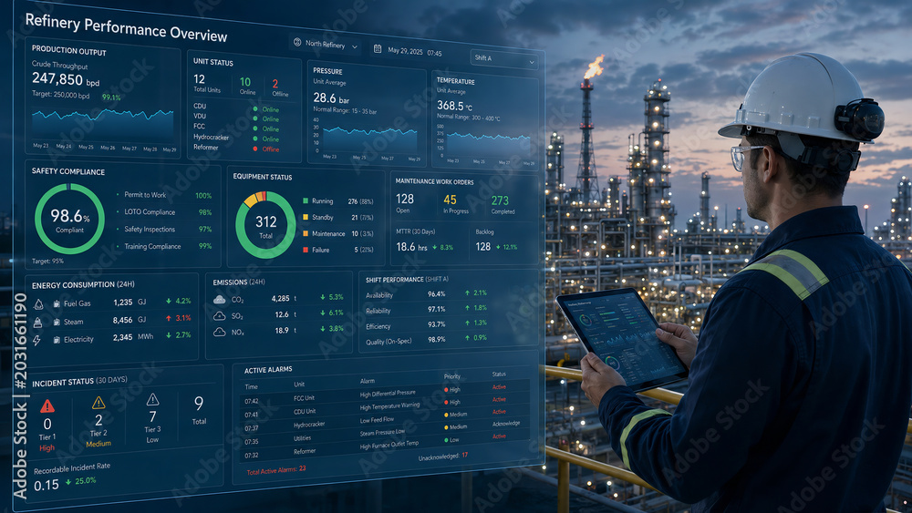 Engineer monitoring oil refinery performance with futuristic digital dashboard and tablet at dusk