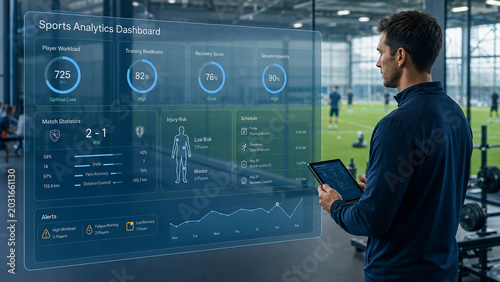 Sports coach using a digital analytics dashboard to monitor athlete performance and training readiness in a modern sports facility