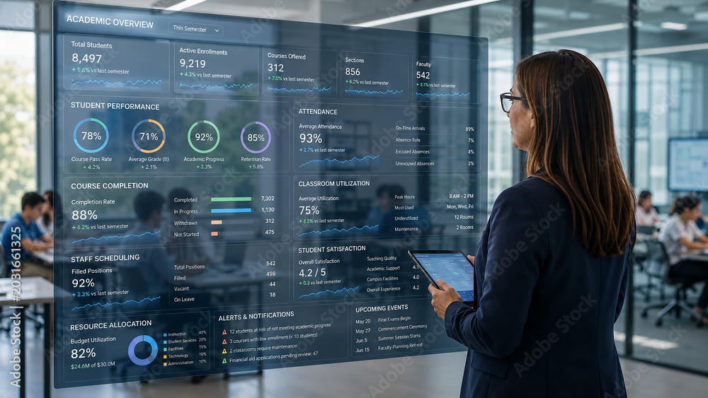 Woman Analyzing Academic Performance and School Analytics on Futuristic Transparent Screen