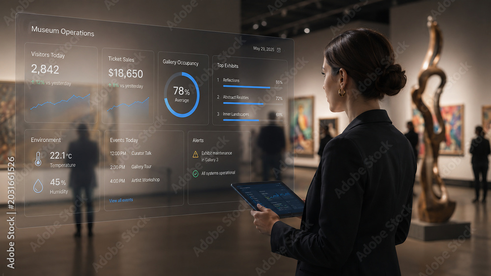 Museum manager analyzing operational data on a futuristic holographic display with a tablet, optimizing visitor experience and exhibit performance.