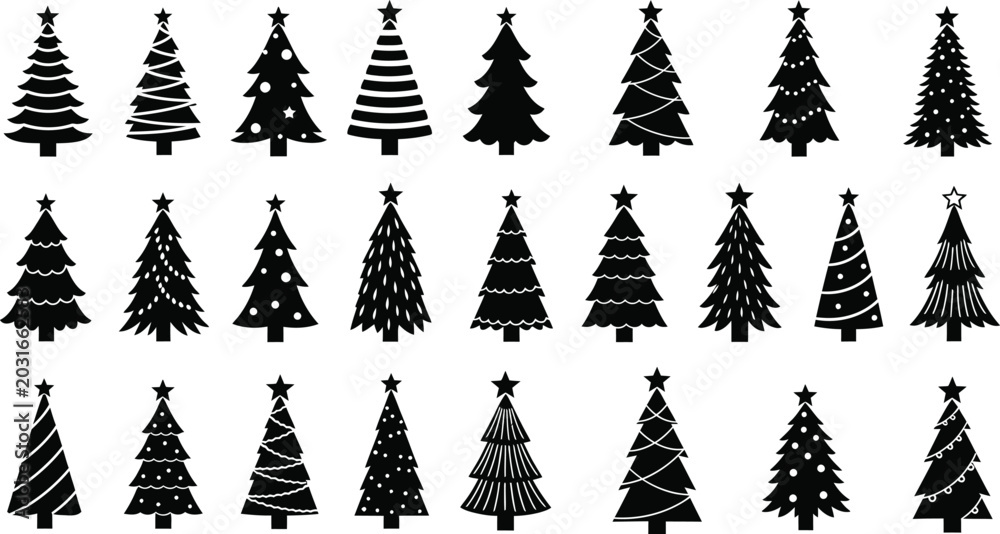 Obraz premium Black christmas tree silhouette icons set