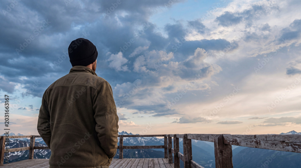 Autocolante Man on a mountain viewpoint observing the majestic, cloudy sky and expansive snow-capped peaks below