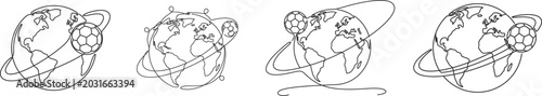 Continuous one line drawing of soccer ball orbiting around earth globe. Global international football sport concept outline illustration.