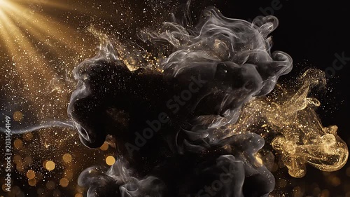 Dense black velvet smoke swirling with floating microscopic gold particles loop 1