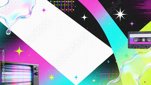 grainy acid Y2k aesthetic retro background featuring old glitch tv and vintage 90s cassette with vivid neon color and copy space