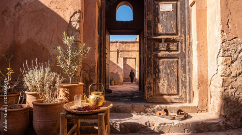 Εκτύπωση καμβά Traditional Moroccan riad courtyard entrance with old wooden door, potted plants