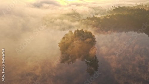 Aerial view of Venekotensee lake covered in thick morning mist with dense forest reflections during golden hour in Niederkruchten, Nordrhein-Westfalen, Germany.