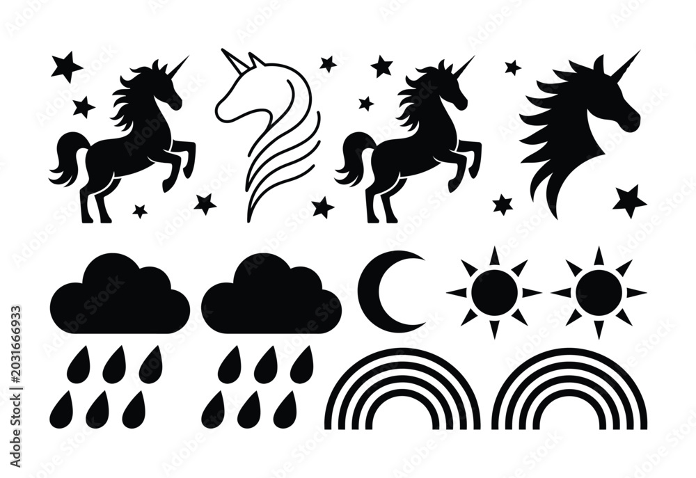 Fototapeta premium Unicorns, clouds, rainbows, moon, sun, and stars