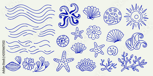 hand drawn nautical doodle set in blue ink featuring seashells waves and marine life