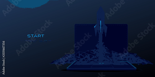 Photos Wireframe rocket launching from a blue screen digital startup concept with start