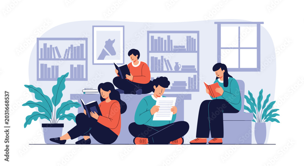 Fototapeta premium Group of people enjoying reading books in a library or cozy room with bookshelves, plants, and comfortable seating.