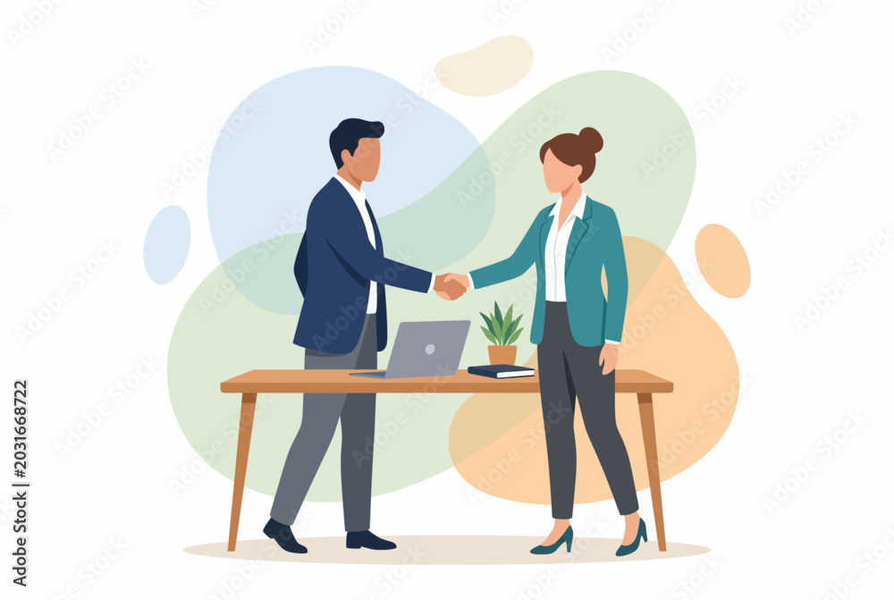 Obraz premium Business Partners Shaking Hands Across a Desk for Meeting Agreement