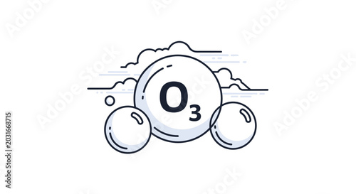 Large ozone molecule symbol O3 with clouds represents atmospheric protection and environmental science research concept.