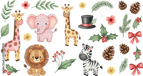 Photography Cute watercolor safari animals with giraffe elephant lion zebra and Christmas fl