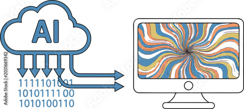 Foto Modern digital AI cloud network diagram showing synchronized computer screens wi