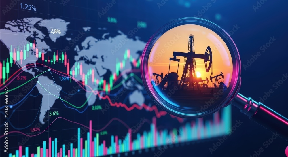 Obraz premium Global Energy Market Trends and Oil Industry Analysis with Financial Graphs and World Map Concept of Economic Research and Investment in Petroleum Sector
