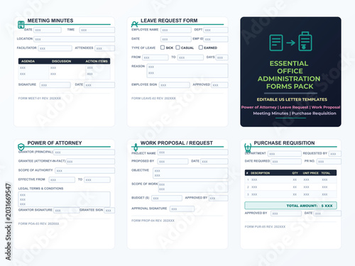 Editable US Letter Office Forms Pack, Meeting Minutes, Leave Request, Power of Attorney, Work Proposal & Purchase Requisition Templates 

