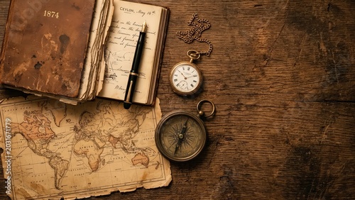 Vintage Exploration Still Life with Antique Map Compass and Pocket Watch
