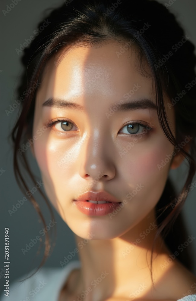 Fototapeta premium Close up on young asian womans face. Natural light highlights her delicate features. Soft makeup enhances her beauty. Clean skin glows. Her gaze is serene. She looks elegant.