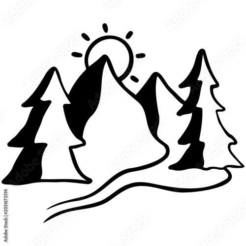 Handdrawn Mountain Sunrise Landscape Illustration