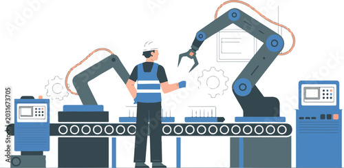Flat design of automated production line with robot mechanical arms and engineer controlling process for industry four point zero and engineering projects,