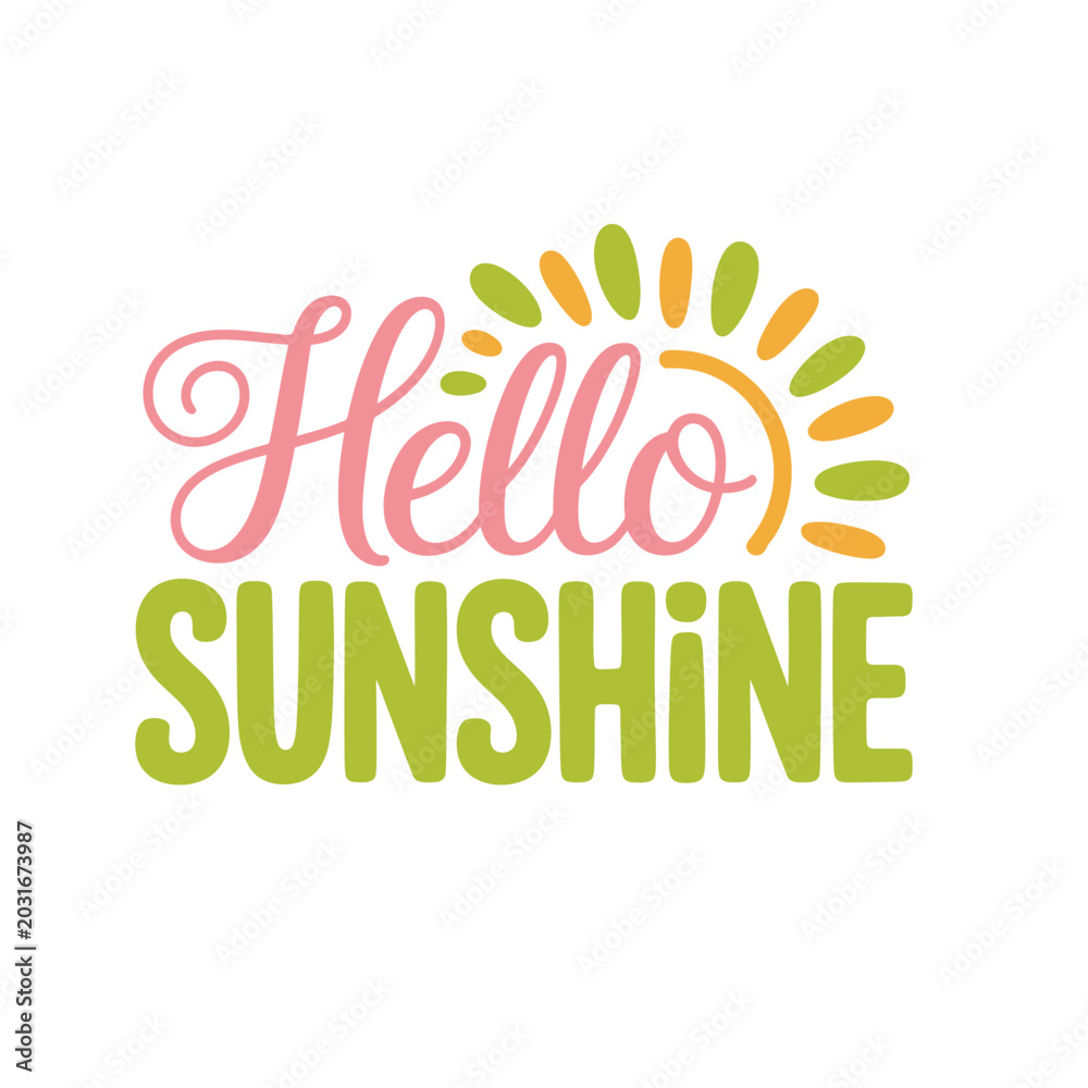 Naklejka premium Hello Sunshine Cute Typography Design with Sun Rays and Creative Lettering Vector Illustration
