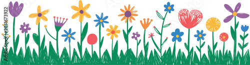 Whimsical flower border collection with vibrant blossoms rounded petals and playful botanical elements in decorative spring themed illustration style