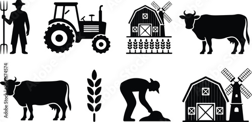 Schilderij op canvas Collection of solid black farm vector symbols including wheat stalks agricultur