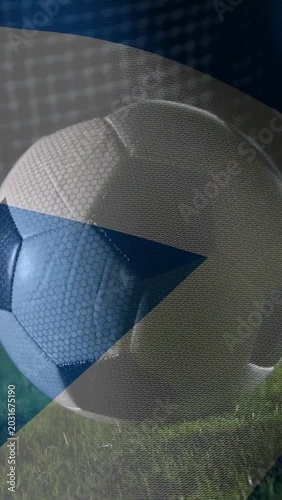 Vertical video: On broadcast cue overlay sweeping across soccer ball, revealing pitch for sports