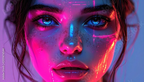 Neon Portrait - A Woman Bathed in Vibrant Cyberpunk Lights.